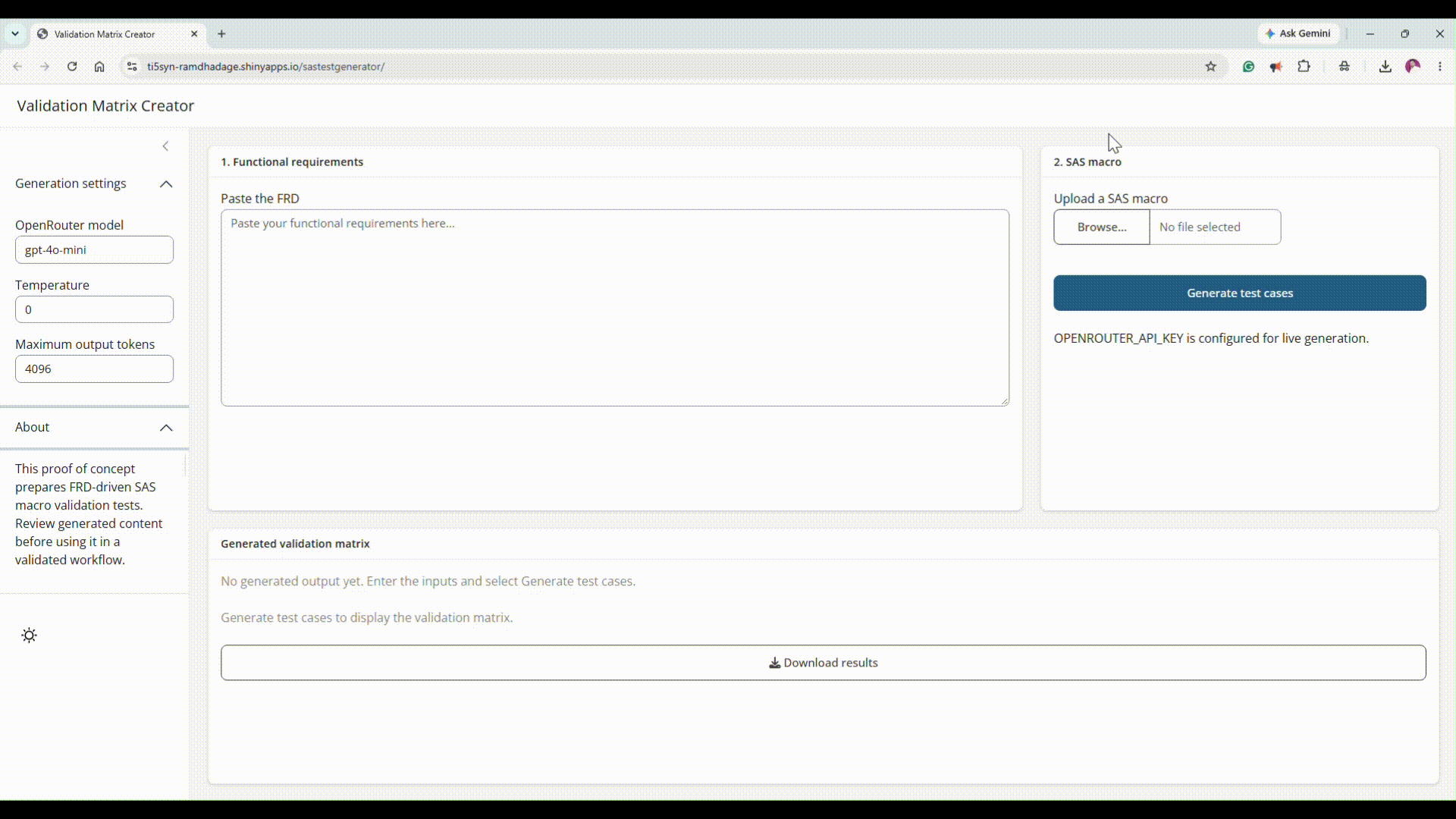 Preview of the SAS Test Cases Generator application